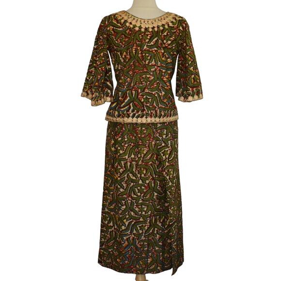 Vintage 70s Embroidered Batik Blouse & Wrap Skirt Set, Two Piece Ensemble, XS S - Picture 9 of 10